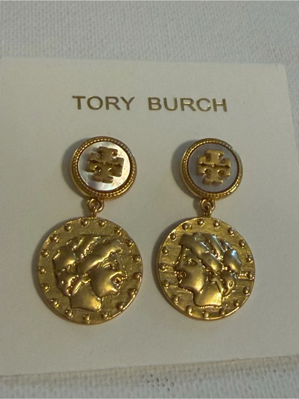 Tory Burch Gold Coin Drop Earrings Mother of Pearl Logo Medallion